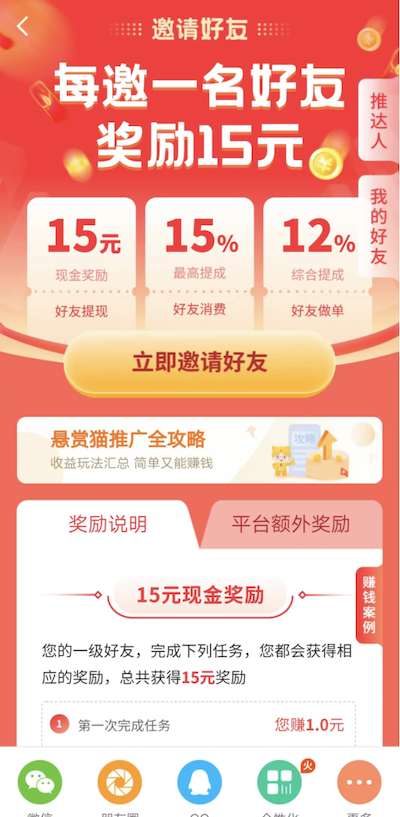 悬赏猫推广一个人得多少钱，邀请好友可以获得什么奖励？